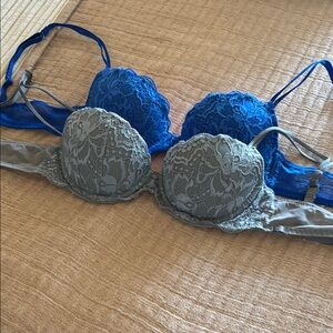 Lace Underwire Bra Set - Blue and Gray